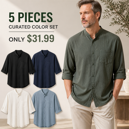 FINAL CLEARANCE - 10-Pack Only $39.99 - Men's Relaxed Mandarin-Collar Three-Quarter-Sleeve Button-Front Shirt