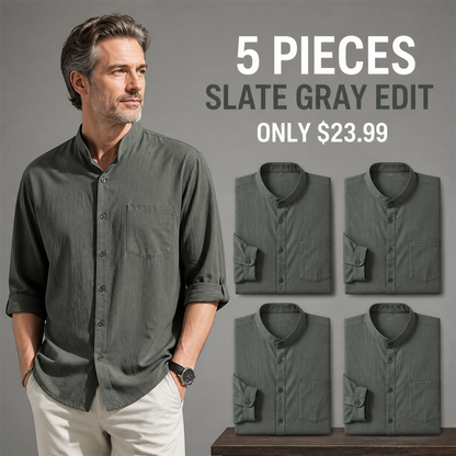 FINAL CLEARANCE - 10-Pack Only $39.99 - Men's Relaxed Mandarin-Collar Three-Quarter-Sleeve Button-Front Shirt