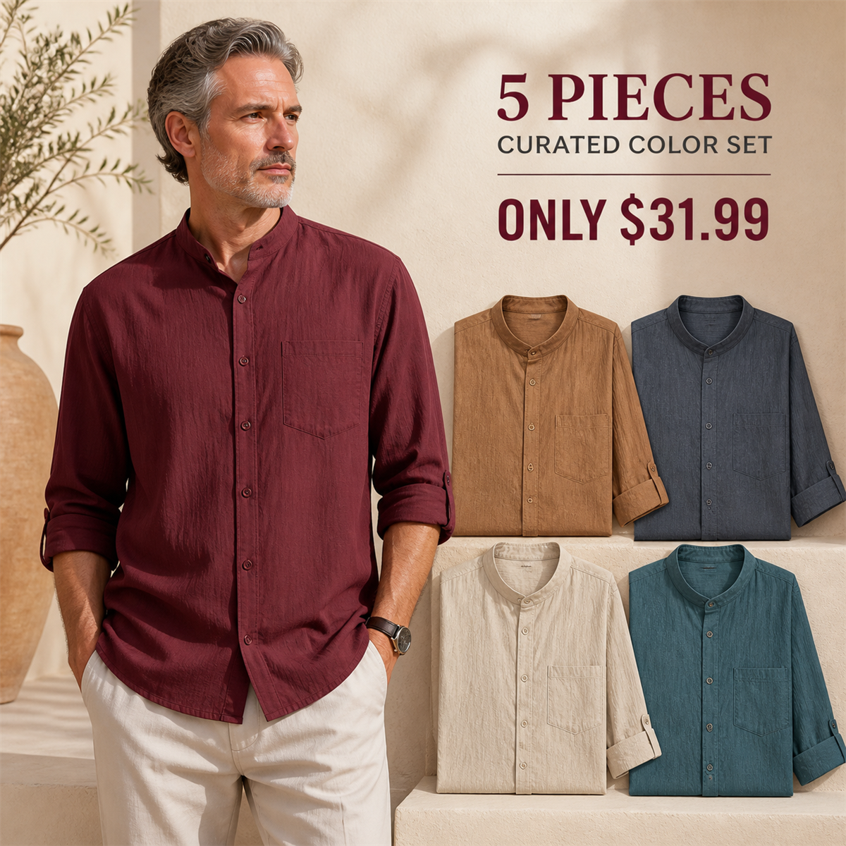 FINAL CLEARANCE - 10-Pack Only $39.99 - Men's Relaxed Mandarin-Collar Three-Quarter-Sleeve Button-Front Shirt