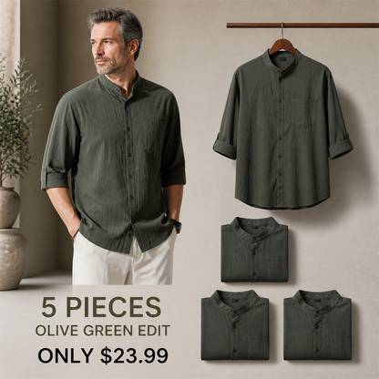 FINAL CLEARANCE - 10-Pack Only $39.99 - Men's Relaxed Mandarin-Collar Three-Quarter-Sleeve Button-Front Shirt
