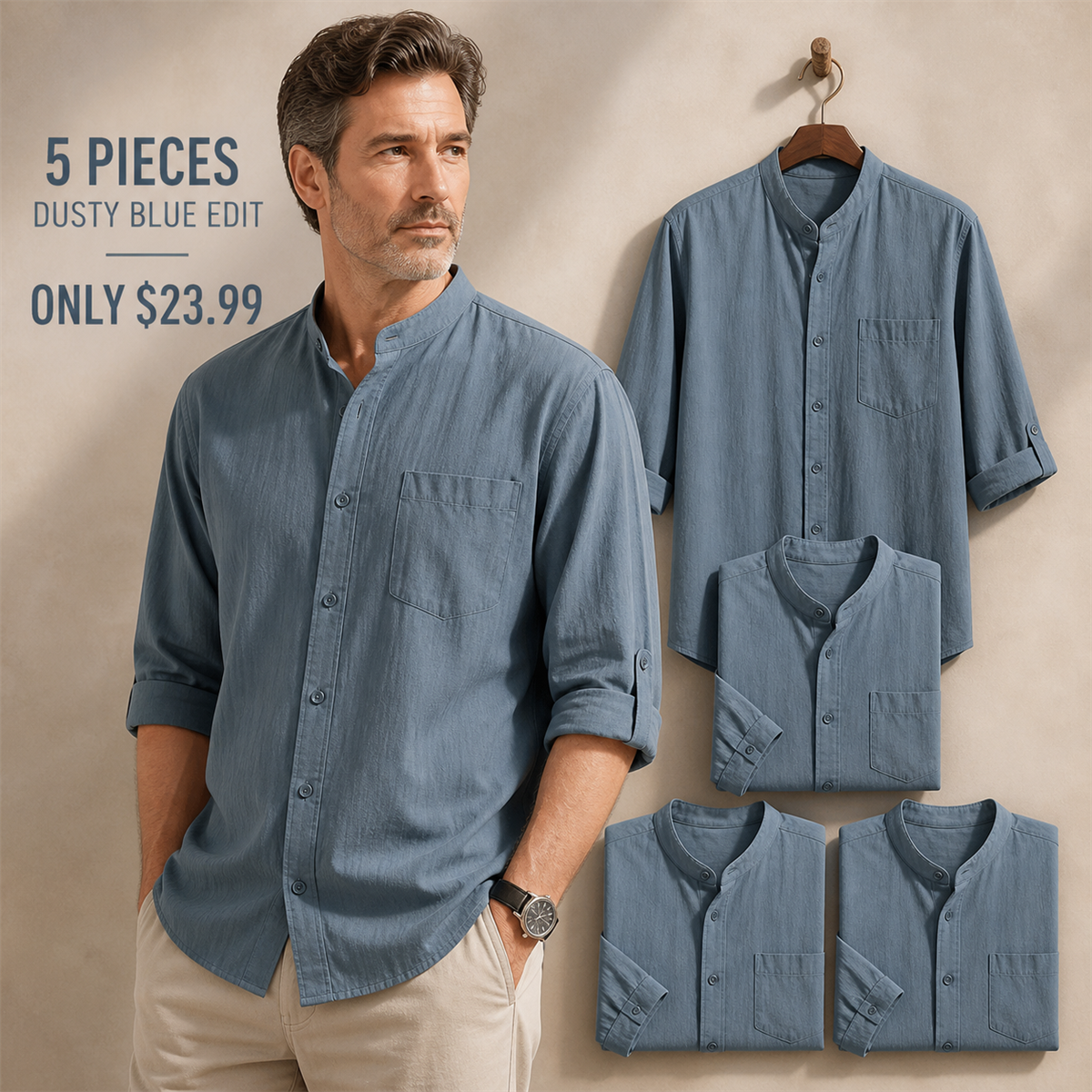 FINAL CLEARANCE - 10-Pack Only $39.99 - Men's Relaxed Mandarin-Collar Three-Quarter-Sleeve Button-Front Shirt