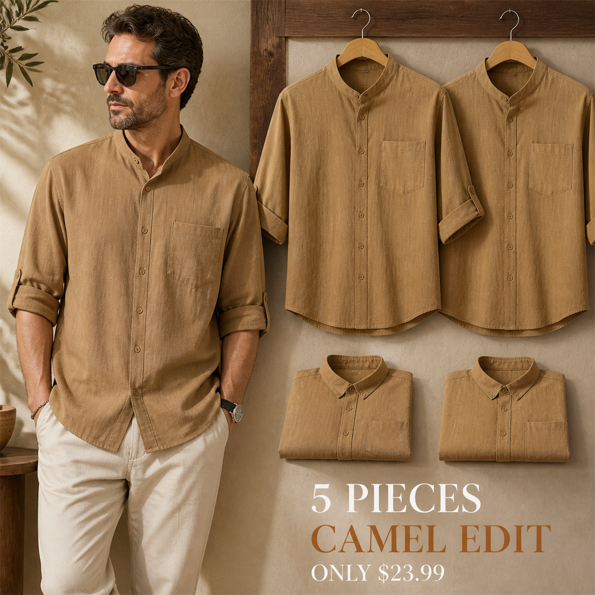 FINAL CLEARANCE - 10-Pack Only $39.99 - Men's Relaxed Mandarin-Collar Three-Quarter-Sleeve Button-Front Shirt