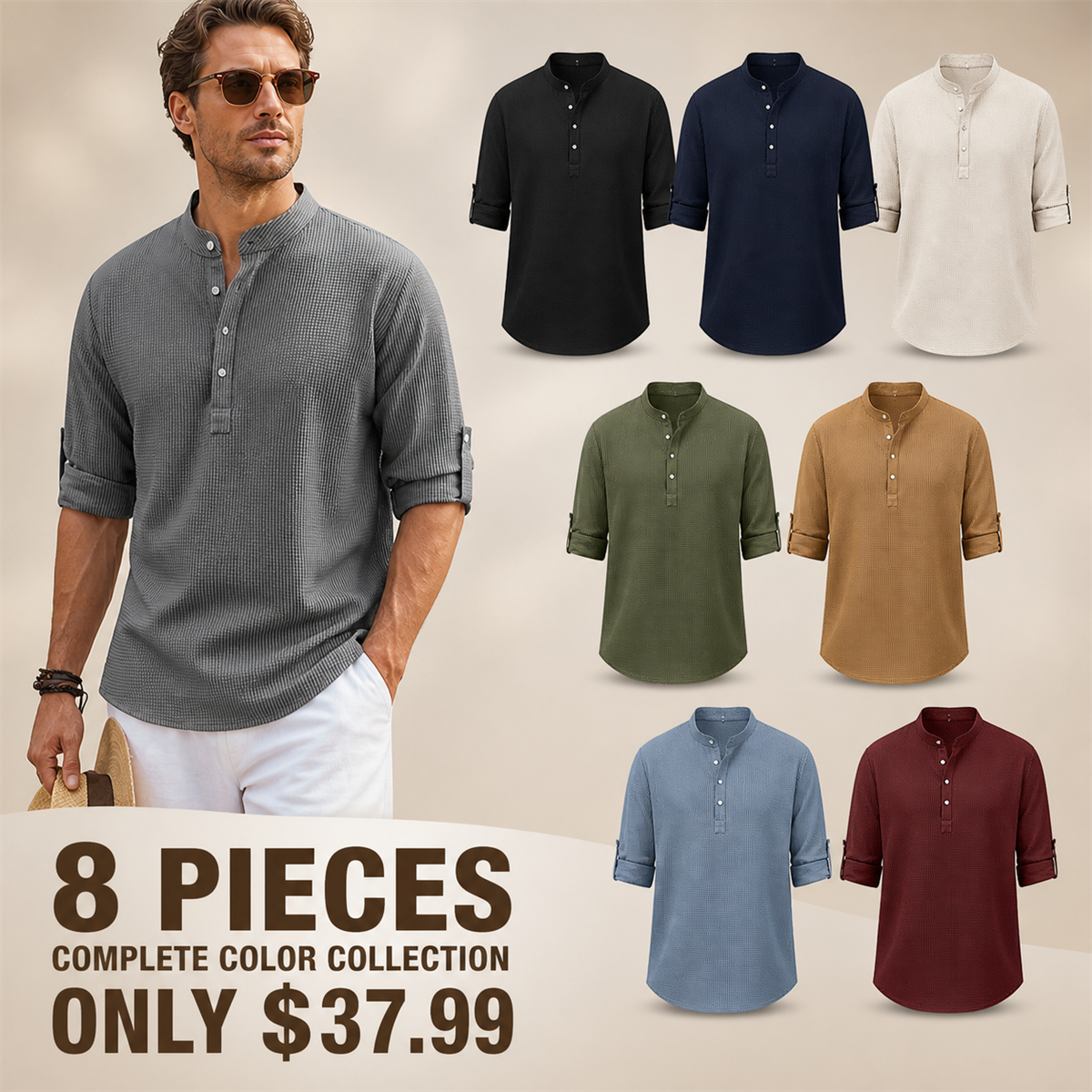 FINAL CLEARANCE - 8-Pack Only $37.99 - Men's Textured Band-Collar Roll-Tab Sleeve Henley Shirt