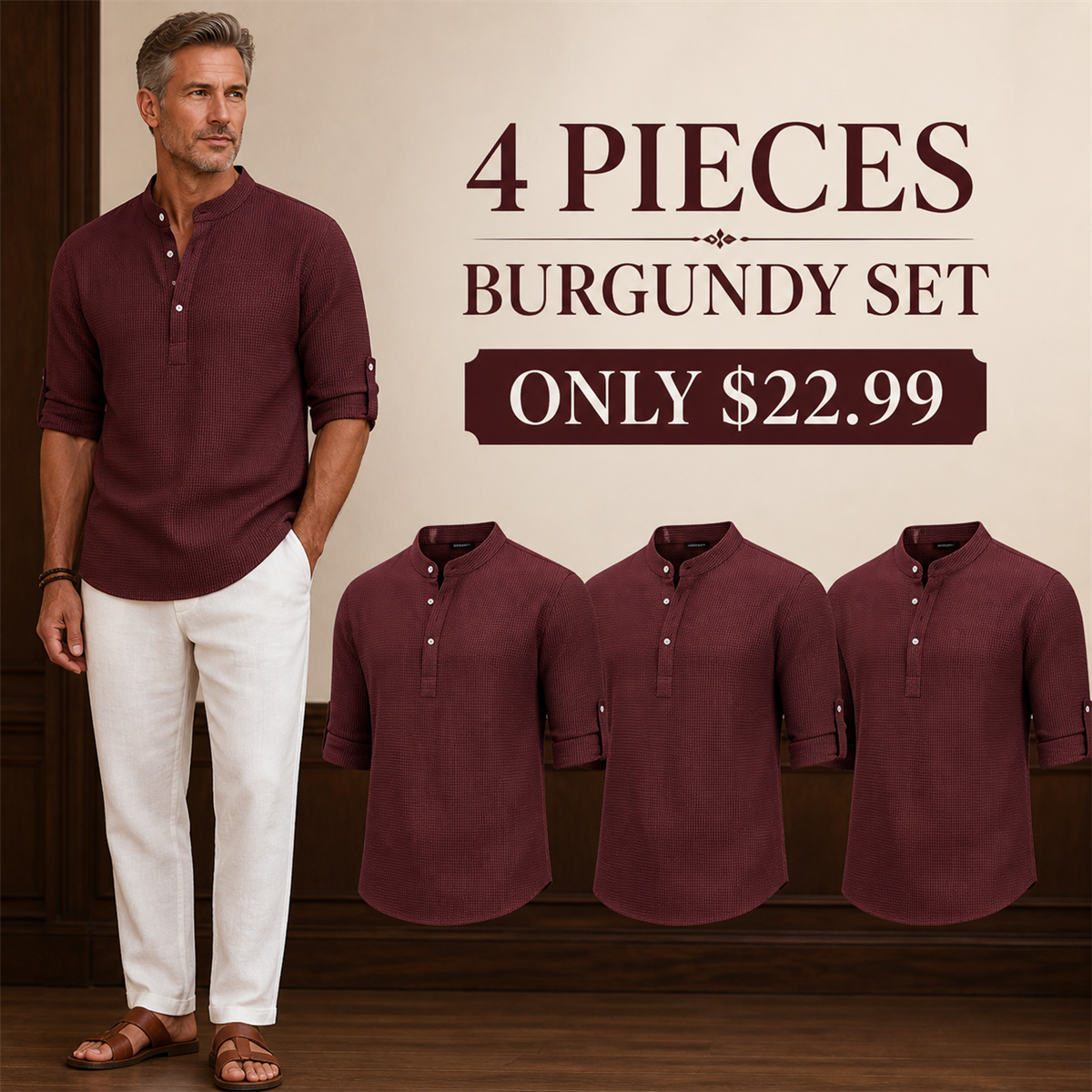 FINAL CLEARANCE - 8-Pack Only $37.99 - Men's Textured Band-Collar Roll-Tab Sleeve Henley Shirt