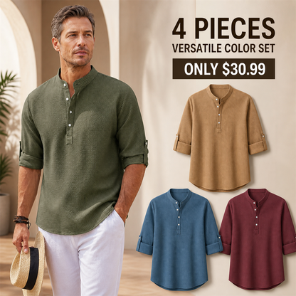 FINAL CLEARANCE - 8-Pack Only $37.99 - Men's Textured Band-Collar Roll-Tab Sleeve Henley Shirt