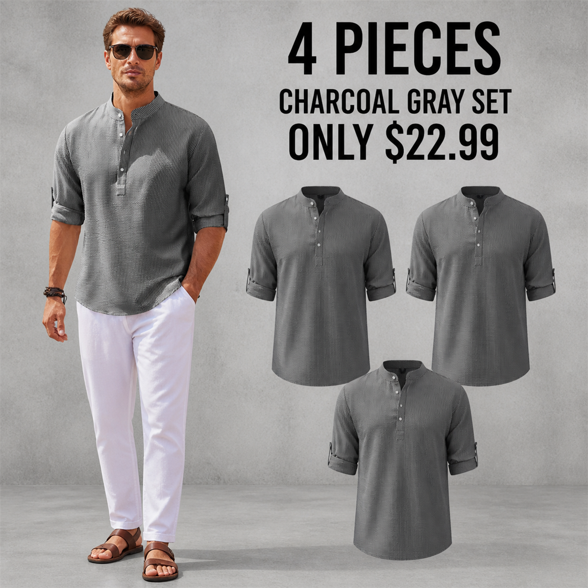 FINAL CLEARANCE - 8-Pack Only $37.99 - Men's Textured Band-Collar Roll-Tab Sleeve Henley Shirt
