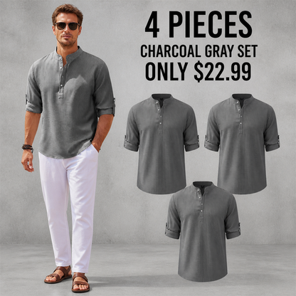 FINAL CLEARANCE - 8-Pack Only $37.99 - Men's Textured Band-Collar Roll-Tab Sleeve Henley Shirt
