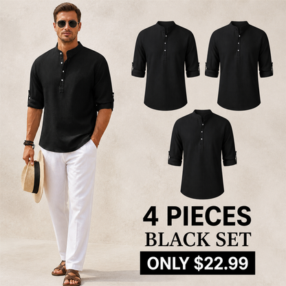 FINAL CLEARANCE - 8-Pack Only $37.99 - Men's Textured Band-Collar Roll-Tab Sleeve Henley Shirt