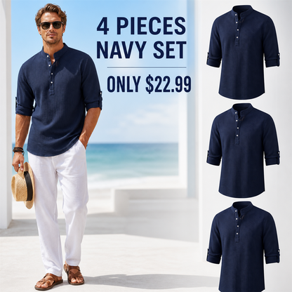 FINAL CLEARANCE - 8-Pack Only $37.99 - Men's Textured Band-Collar Roll-Tab Sleeve Henley Shirt
