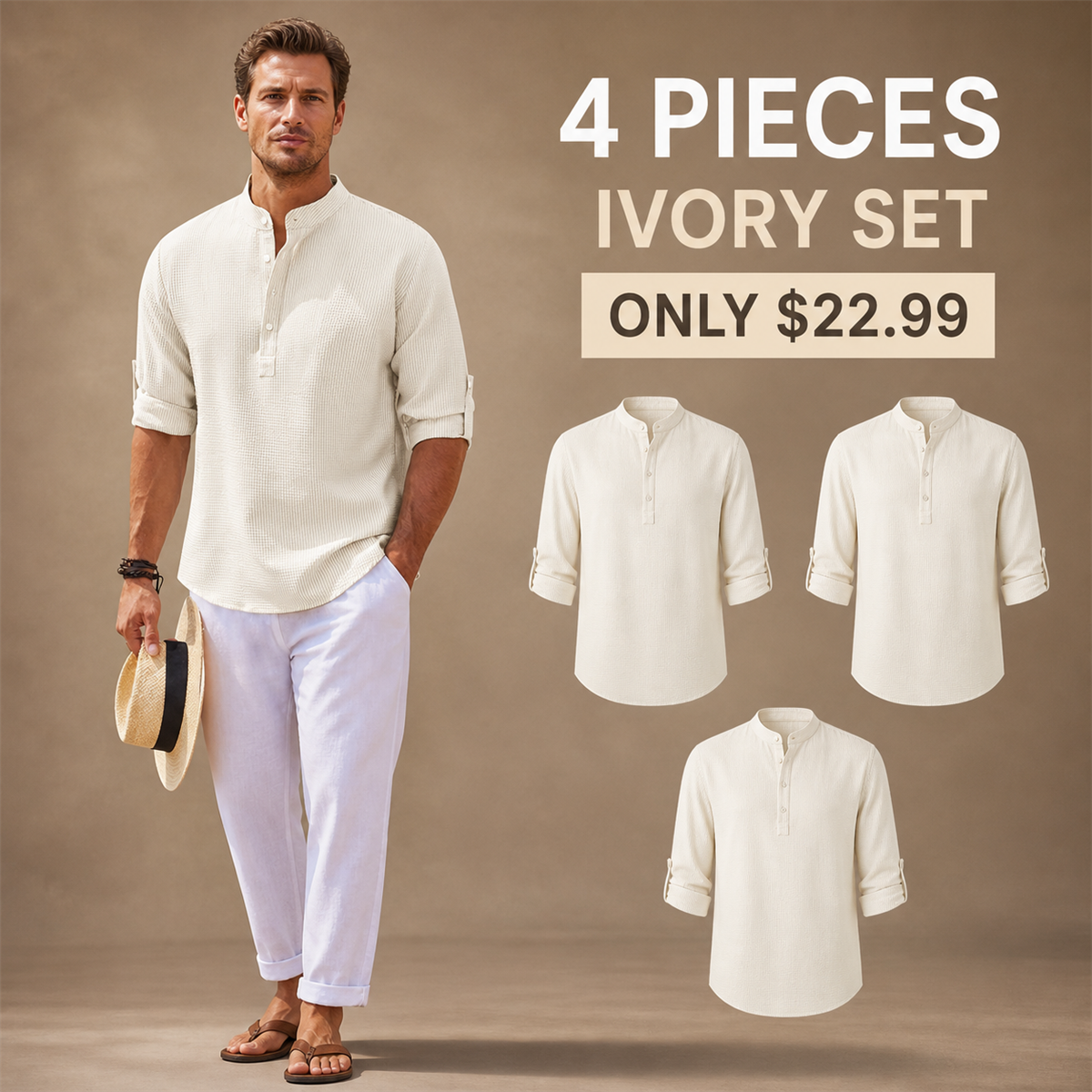 FINAL CLEARANCE - 8-Pack Only $37.99 - Men's Textured Band-Collar Roll-Tab Sleeve Henley Shirt