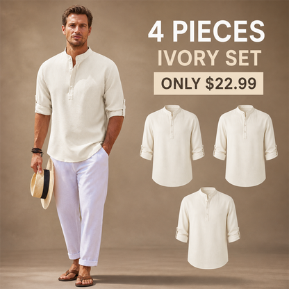 FINAL CLEARANCE - 8-Pack Only $37.99 - Men's Textured Band-Collar Roll-Tab Sleeve Henley Shirt