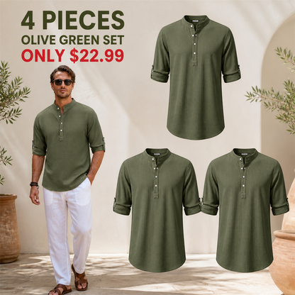 FINAL CLEARANCE - 8-Pack Only $37.99 - Men's Textured Band-Collar Roll-Tab Sleeve Henley Shirt