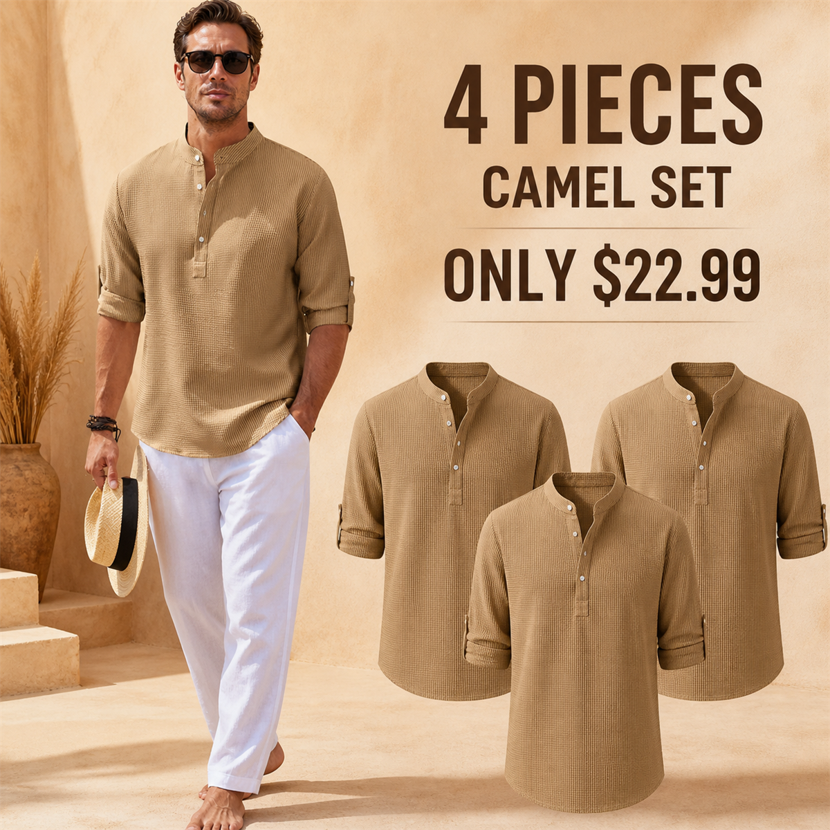 FINAL CLEARANCE - 8-Pack Only $37.99 - Men's Textured Band-Collar Roll-Tab Sleeve Henley Shirt
