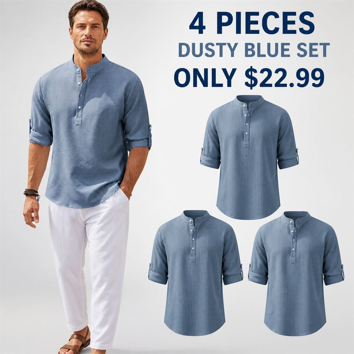 FINAL CLEARANCE - 8-Pack Only $37.99 - Men's Textured Band-Collar Roll-Tab Sleeve Henley Shirt