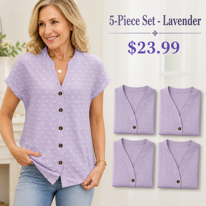 FINAL CLEARANCE - 10-Pack Only $39.99 - Women's Relaxed Swiss-Dot V-Neck Short-Sleeve Button-Front Blouse