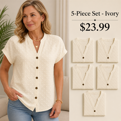 FINAL CLEARANCE - 10-Pack Only $39.99 - Women's Relaxed Swiss-Dot V-Neck Short-Sleeve Button-Front Blouse