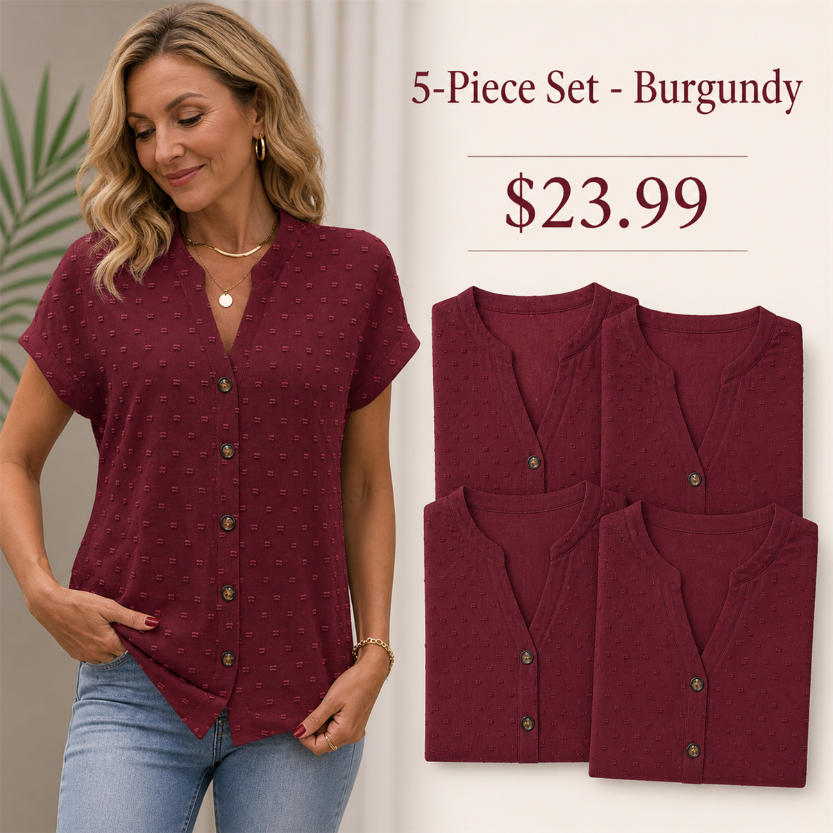 FINAL CLEARANCE - 10-Pack Only $39.99 - Women's Relaxed Swiss-Dot V-Neck Short-Sleeve Button-Front Blouse