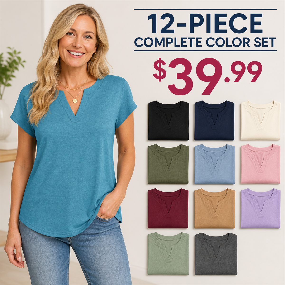 FINAL CLEARANCE - 12-Pack Only $39.99 - Women's Relaxed Notch-Neck Short-Sleeve Curved-Hem Top