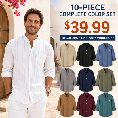 FINAL CLEARANCE - 10-Pack Only $39.99 - Men's Relaxed Striped Band-Collar Long-Sleeve Button-Front Shirt