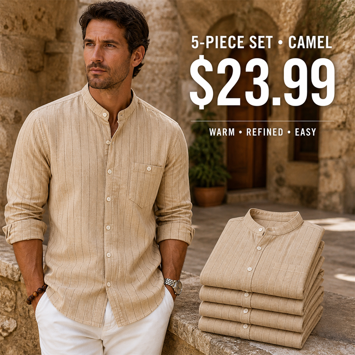 FINAL CLEARANCE - 10-Pack Only $39.99 - Men's Relaxed Striped Band-Collar Long-Sleeve Button-Front Shirt