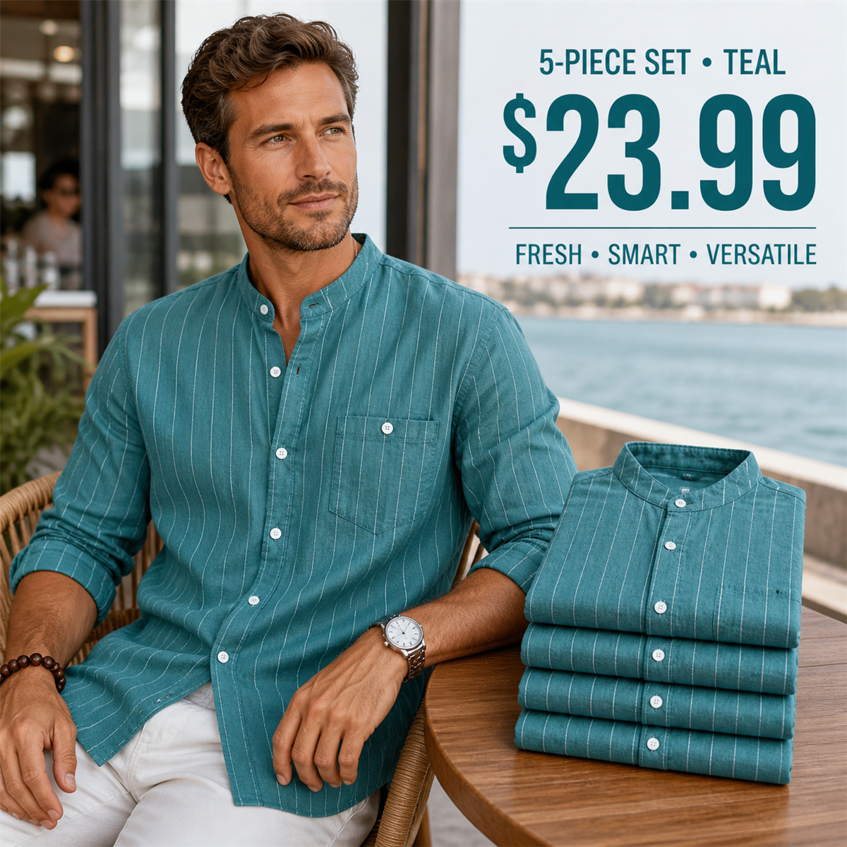 FINAL CLEARANCE - 10-Pack Only $39.99 - Men's Relaxed Striped Band-Collar Long-Sleeve Button-Front Shirt