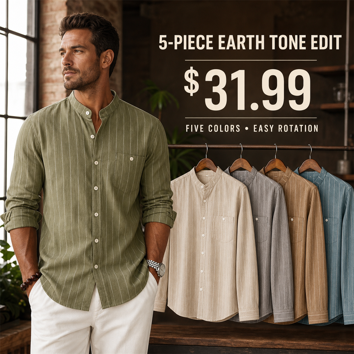 FINAL CLEARANCE - 10-Pack Only $39.99 - Men's Relaxed Striped Band-Collar Long-Sleeve Button-Front Shirt