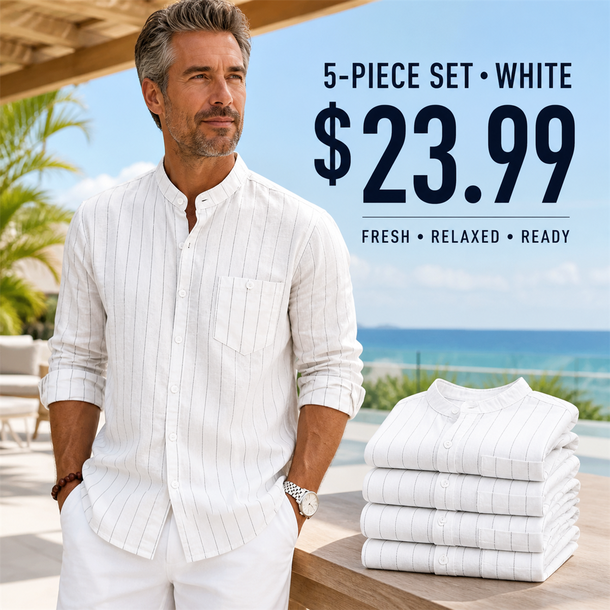 FINAL CLEARANCE - 10-Pack Only $39.99 - Men's Relaxed Striped Band-Collar Long-Sleeve Button-Front Shirt