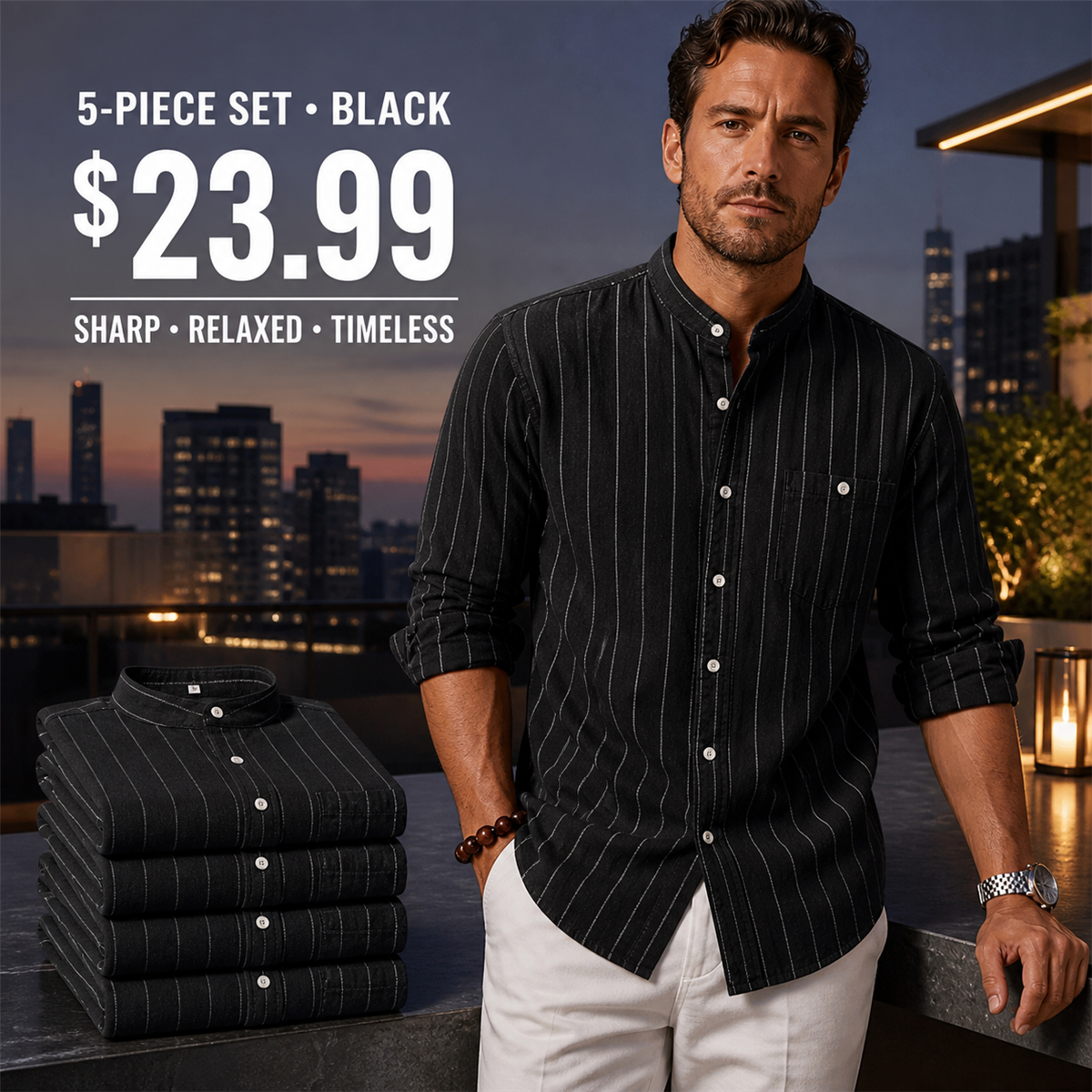 FINAL CLEARANCE - 10-Pack Only $39.99 - Men's Relaxed Striped Band-Collar Long-Sleeve Button-Front Shirt