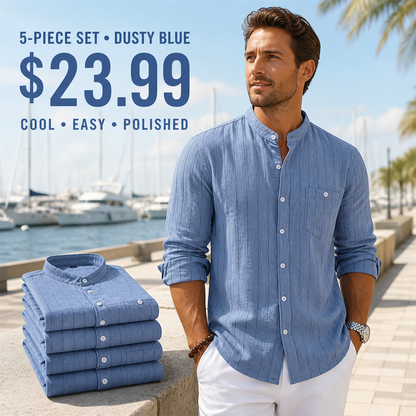 FINAL CLEARANCE - 10-Pack Only $39.99 - Men's Relaxed Striped Band-Collar Long-Sleeve Button-Front Shirt