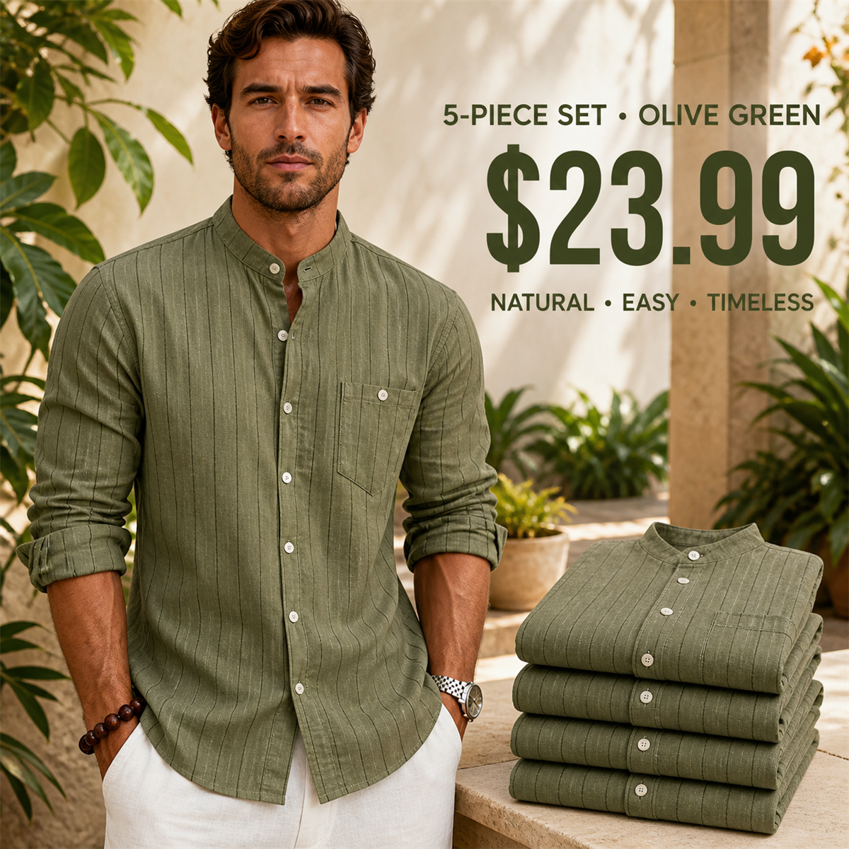 FINAL CLEARANCE - 10-Pack Only $39.99 - Men's Relaxed Striped Band-Collar Long-Sleeve Button-Front Shirt