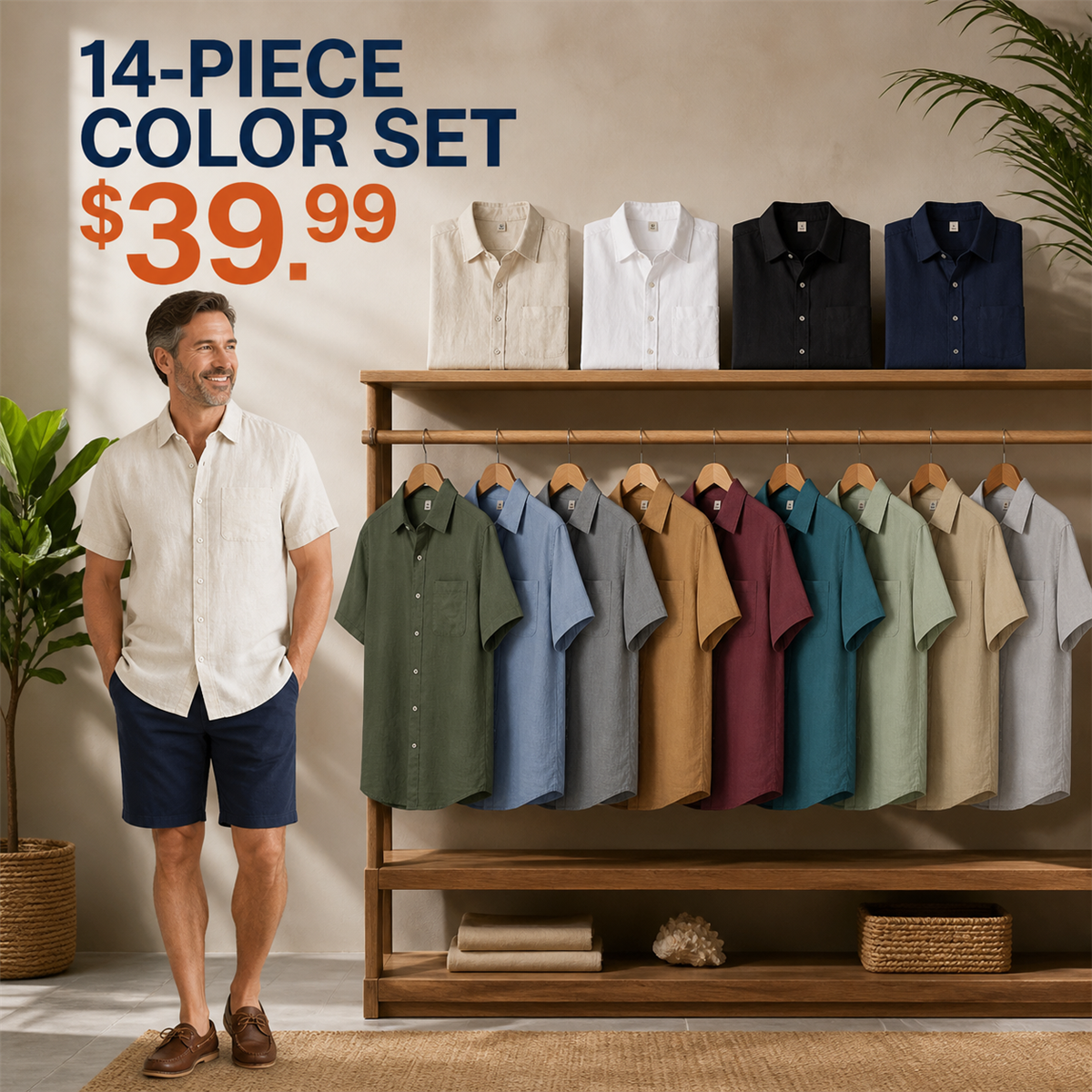 FINAL CLEARANCE - 14-Pack Only $39.99 - Men's Relaxed Linen-Look Short-Sleeve Button-Front Shirt