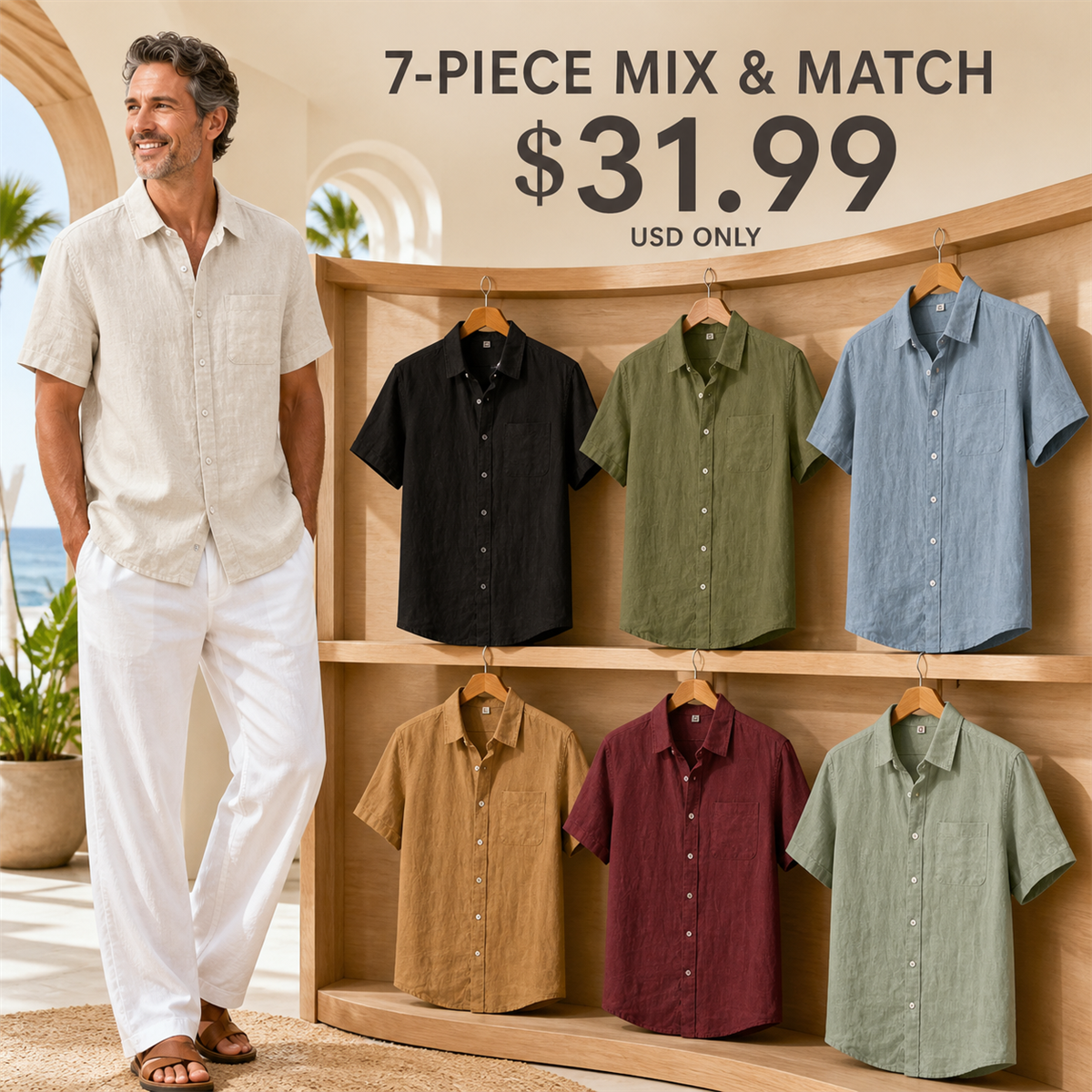FINAL CLEARANCE - 14-Pack Only $39.99 - Men's Relaxed Linen-Look Short-Sleeve Button-Front Shirt