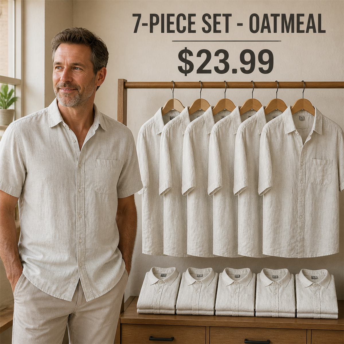 FINAL CLEARANCE - 14-Pack Only $39.99 - Men's Relaxed Linen-Look Short-Sleeve Button-Front Shirt