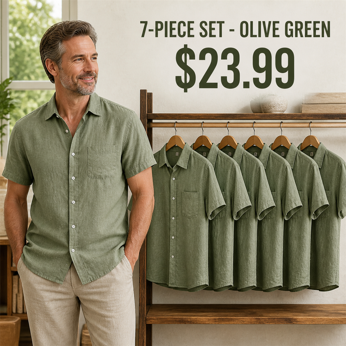 FINAL CLEARANCE - 14-Pack Only $39.99 - Men's Relaxed Linen-Look Short-Sleeve Button-Front Shirt