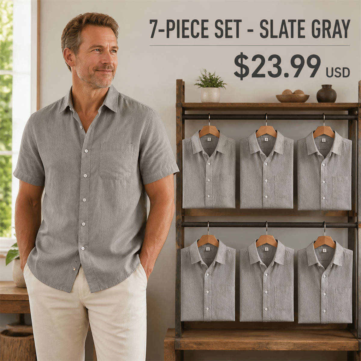 FINAL CLEARANCE - 14-Pack Only $39.99 - Men's Relaxed Linen-Look Short-Sleeve Button-Front Shirt