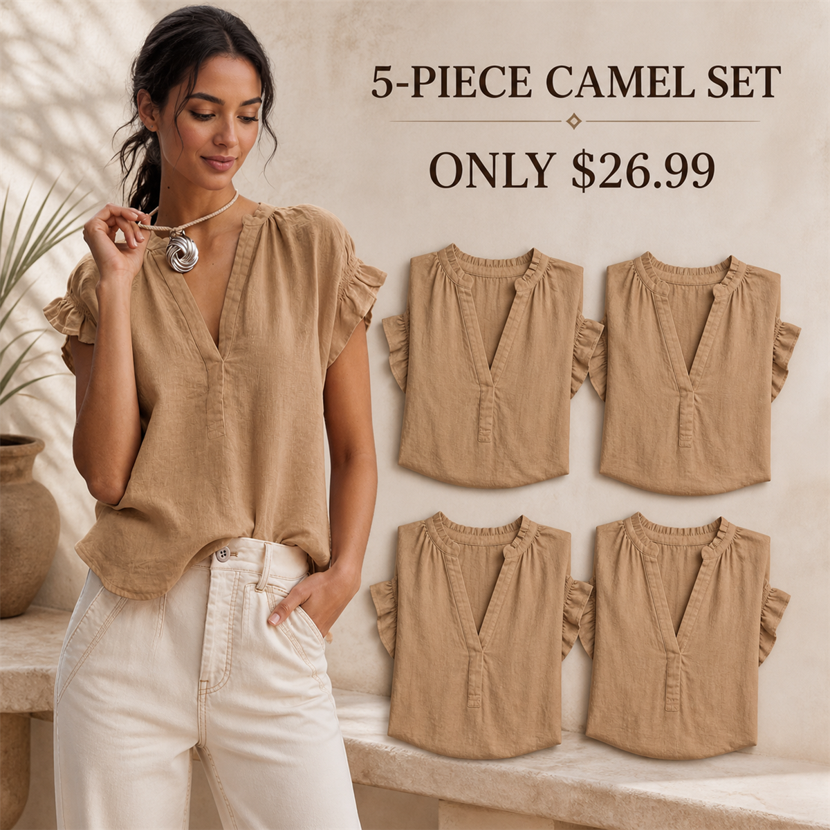 FINAL CLEARANCE - 10-Pack Only $36.99 - Women's Textured V-Neck Flutter-Sleeve Blouse