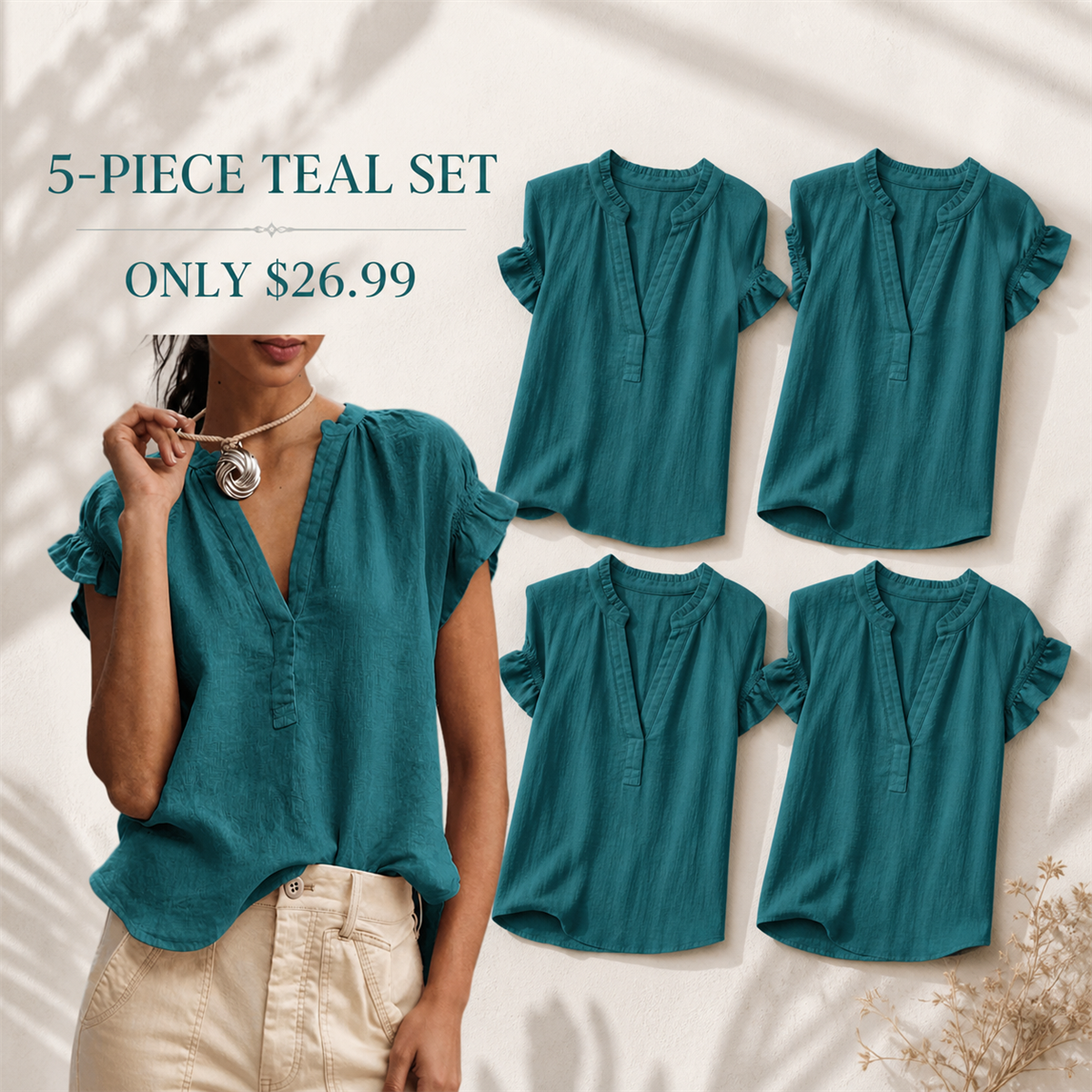 FINAL CLEARANCE - 10-Pack Only $36.99 - Women's Textured V-Neck Flutter-Sleeve Blouse
