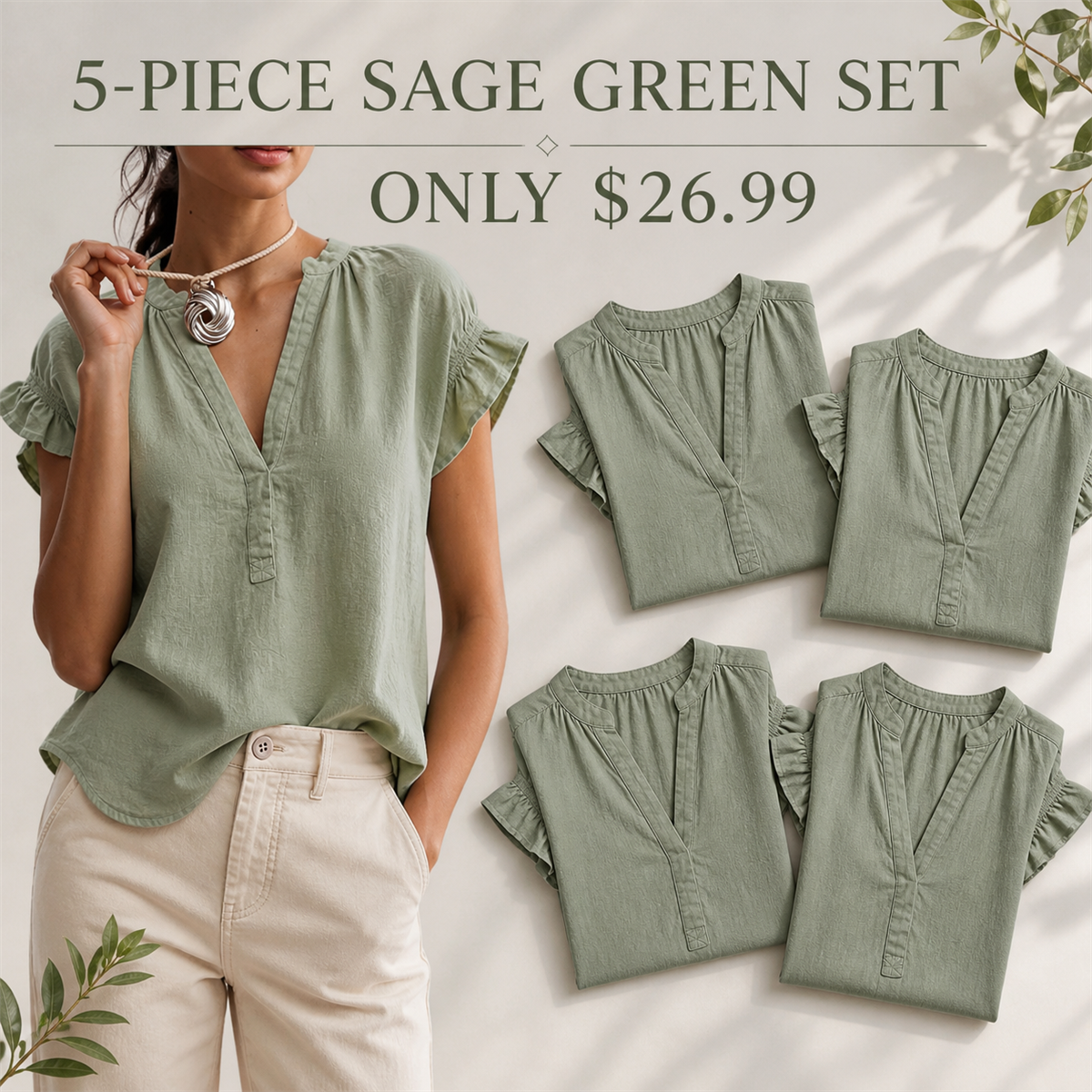 FINAL CLEARANCE - 10-Pack Only $36.99 - Women's Textured V-Neck Flutter-Sleeve Blouse