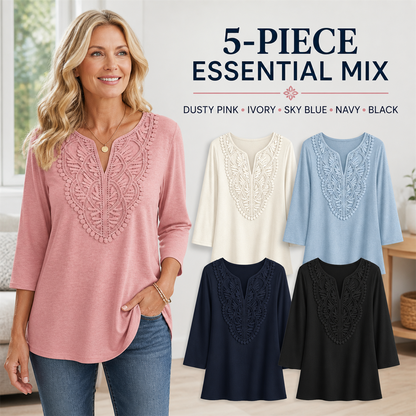 FINAL CLEARANCE - 10-Pack Only $36.99 - Women's Crochet-Yoke Three-Quarter Sleeve Split-Neck Top