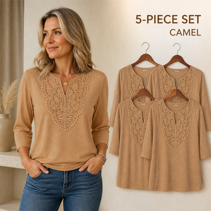 FINAL CLEARANCE - 10-Pack Only $36.99 - Women's Crochet-Yoke Three-Quarter Sleeve Split-Neck Top