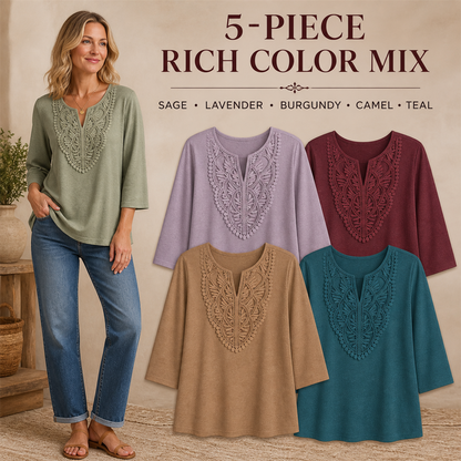 FINAL CLEARANCE - 10-Pack Only $36.99 - Women's Crochet-Yoke Three-Quarter Sleeve Split-Neck Top