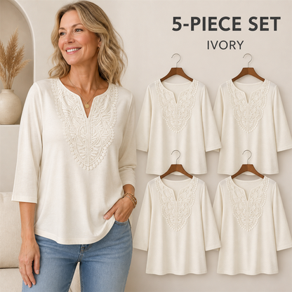 FINAL CLEARANCE - 10-Pack Only $36.99 - Women's Crochet-Yoke Three-Quarter Sleeve Split-Neck Top