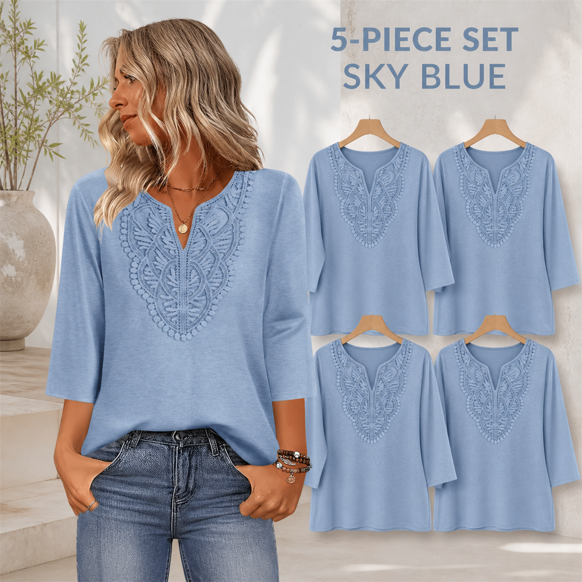 FINAL CLEARANCE - 10-Pack Only $36.99 - Women's Crochet-Yoke Three-Quarter Sleeve Split-Neck Top