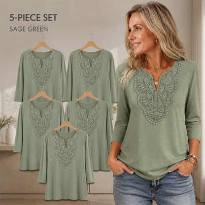 FINAL CLEARANCE - 10-Pack Only $36.99 - Women's Crochet-Yoke Three-Quarter Sleeve Split-Neck Top