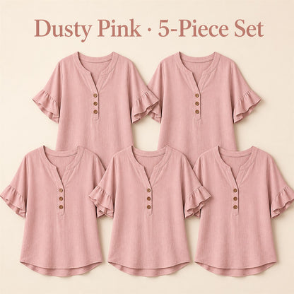 FINAL CLEARANCE - 10-Pack Only $37.99 - Women's Textured Split-Neck Button Flutter-Sleeve Top