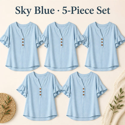 FINAL CLEARANCE - 10-Pack Only $37.99 - Women's Textured Split-Neck Button Flutter-Sleeve Top