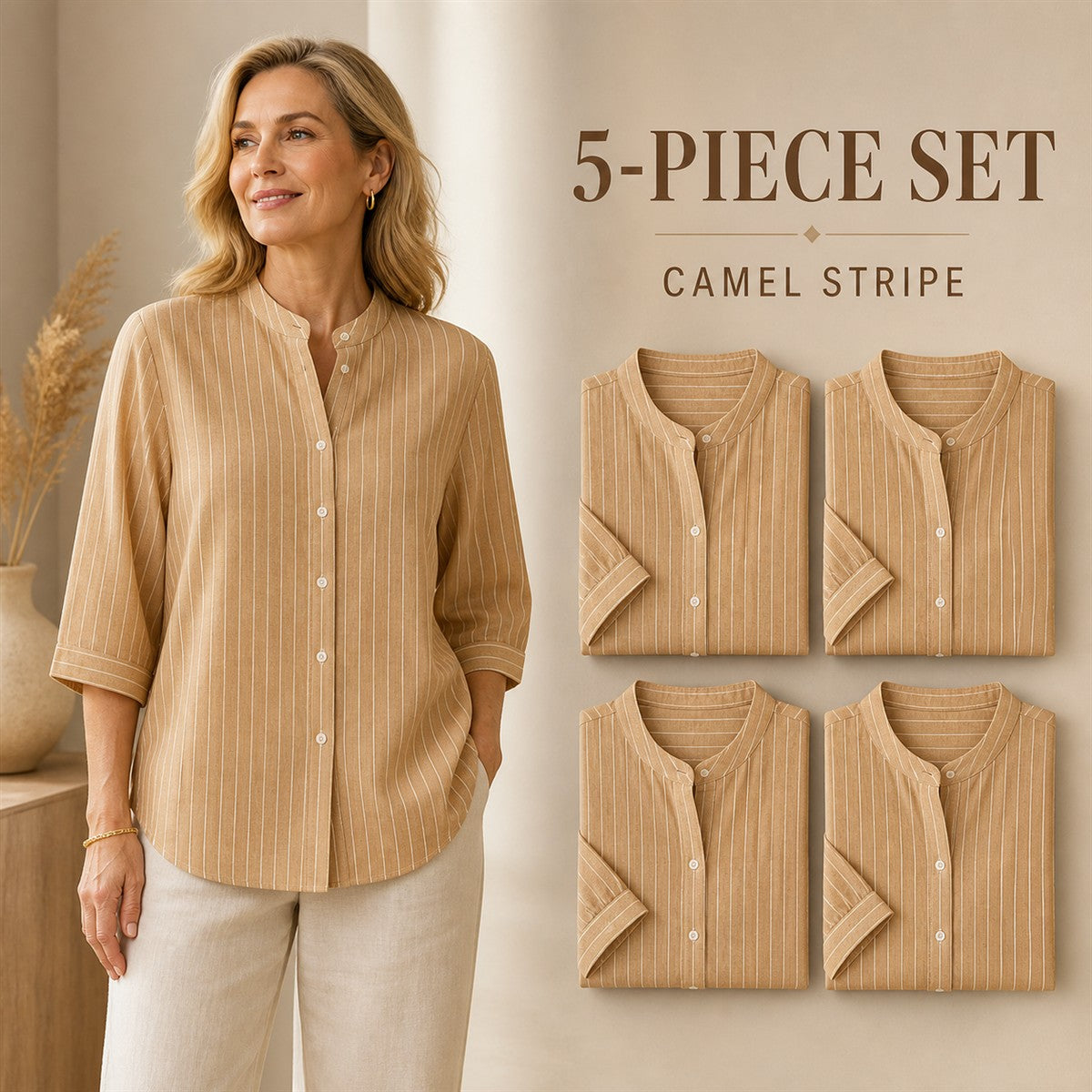 FINAL CLEARANCE - 10-Pack Only $38.99 - Women's Striped Band-Collar Three-Quarter Sleeve Button-Front Shirt