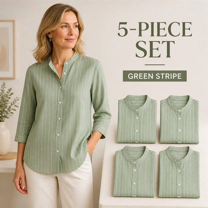 FINAL CLEARANCE - 10-Pack Only $38.99 - Women's Striped Band-Collar Three-Quarter Sleeve Button-Front Shirt