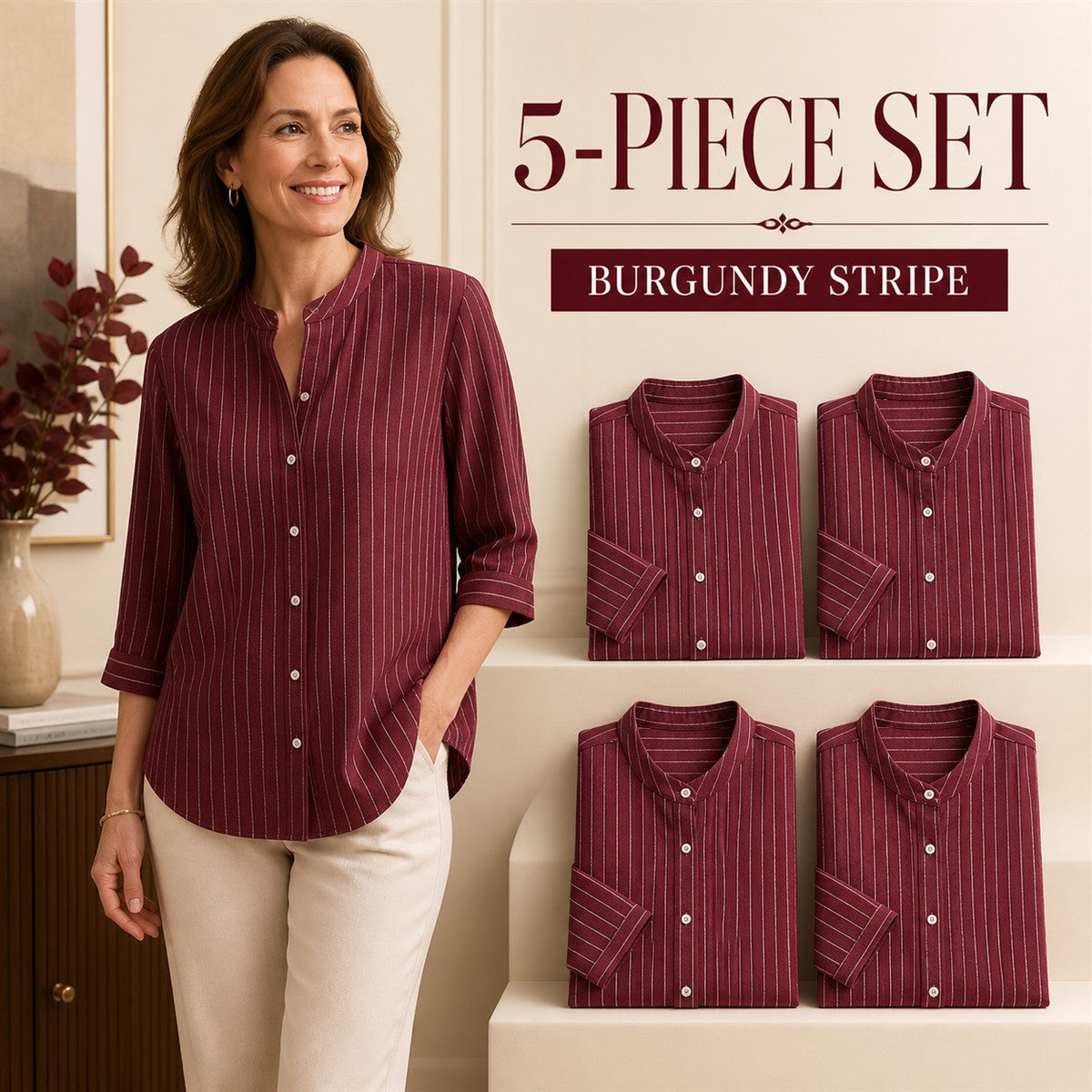 FINAL CLEARANCE - 10-Pack Only $38.99 - Women's Striped Band-Collar Three-Quarter Sleeve Button-Front Shirt
