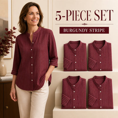 FINAL CLEARANCE - 10-Pack Only $38.99 - Women's Striped Band-Collar Three-Quarter Sleeve Button-Front Shirt
